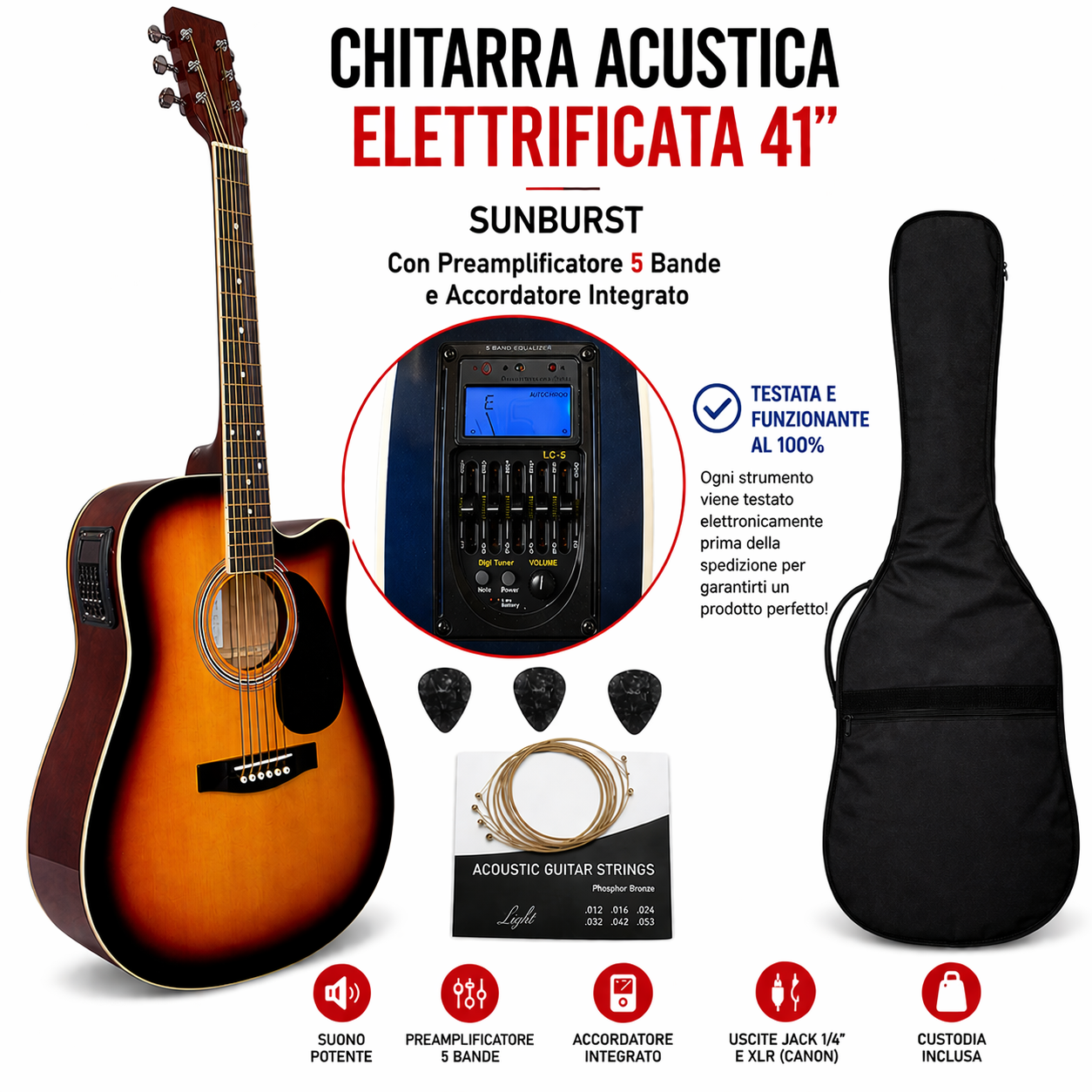 Chitarra Acustica Elettrificata SMT 41″Sunburst 4B+Tuner con Accessori