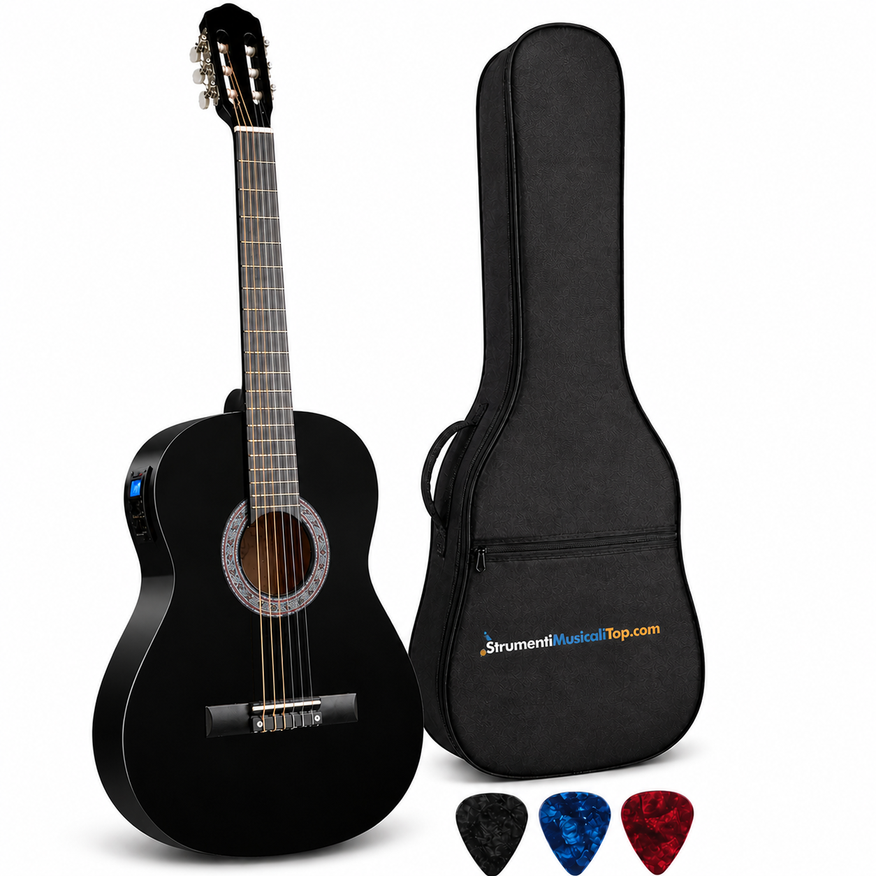 Chitarra Classica Nera 4/4 Elettrificata 4b+Tuner con Custodia