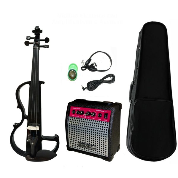 Violino Silent Elettrico Nero 4/4 con Amplificatore e Accessori