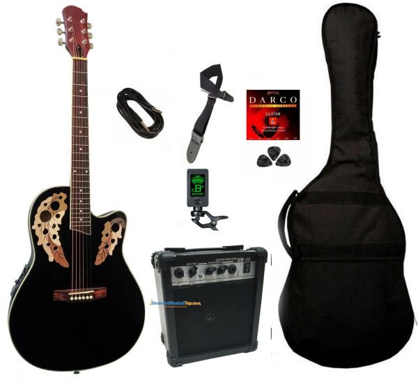 Chitarra Acustica Roundback Nera Kit con Amplificatore