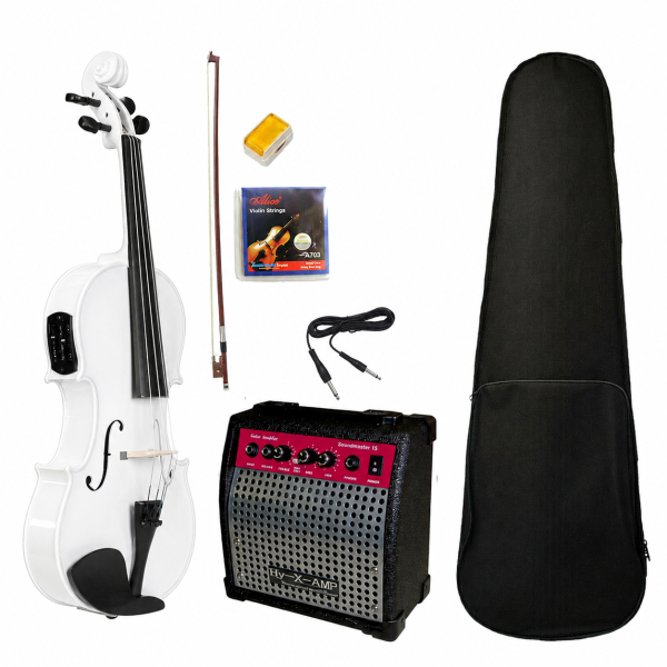 Violino Bianco Acustico ed Elettrico 4/4 con Amplificatore e Accessori