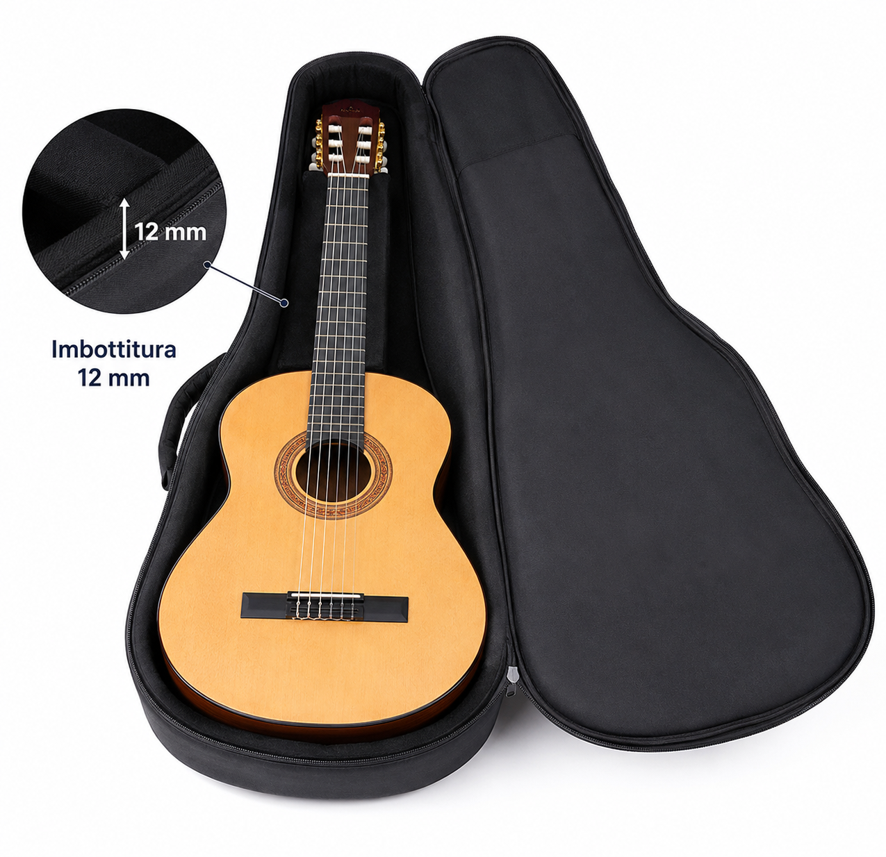 Custodia morbida imbottita 12 mm per chitarra classica 4/4 con chitarra all'interno