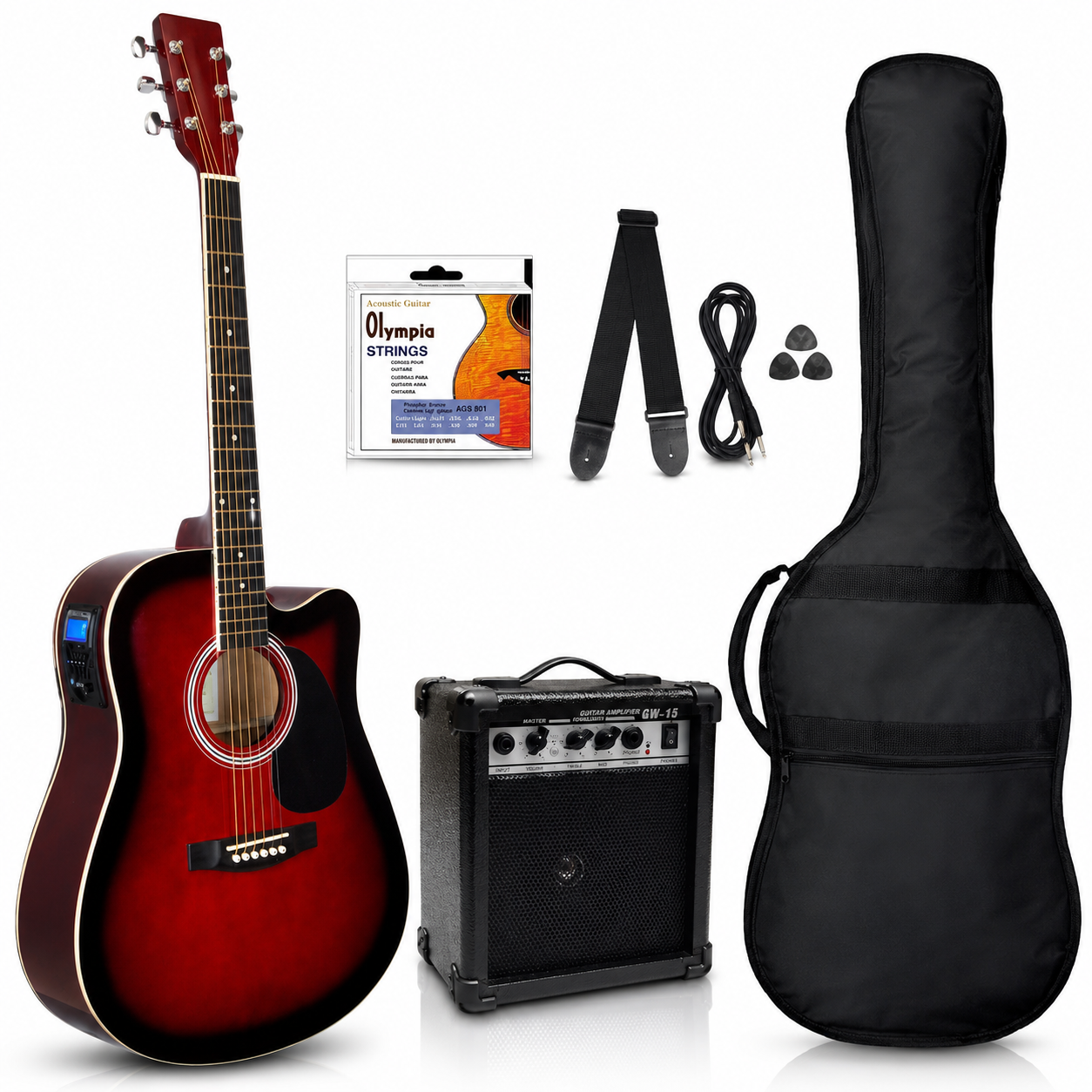 Kit completo chitarra elettroacustica Redburst 41 con amplificatore custodia e accessori inclusi