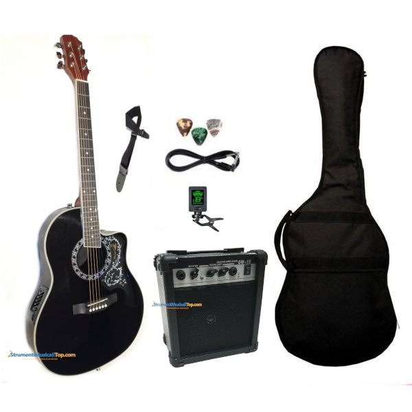 Chitarra Acustica Roundback Shalloch Nera Kit con Amplificatore