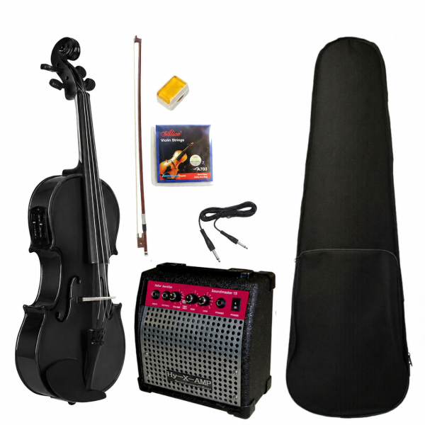 Violino Acustico ed Elettrico 4/4 Nero con Amplificatore e Accessori