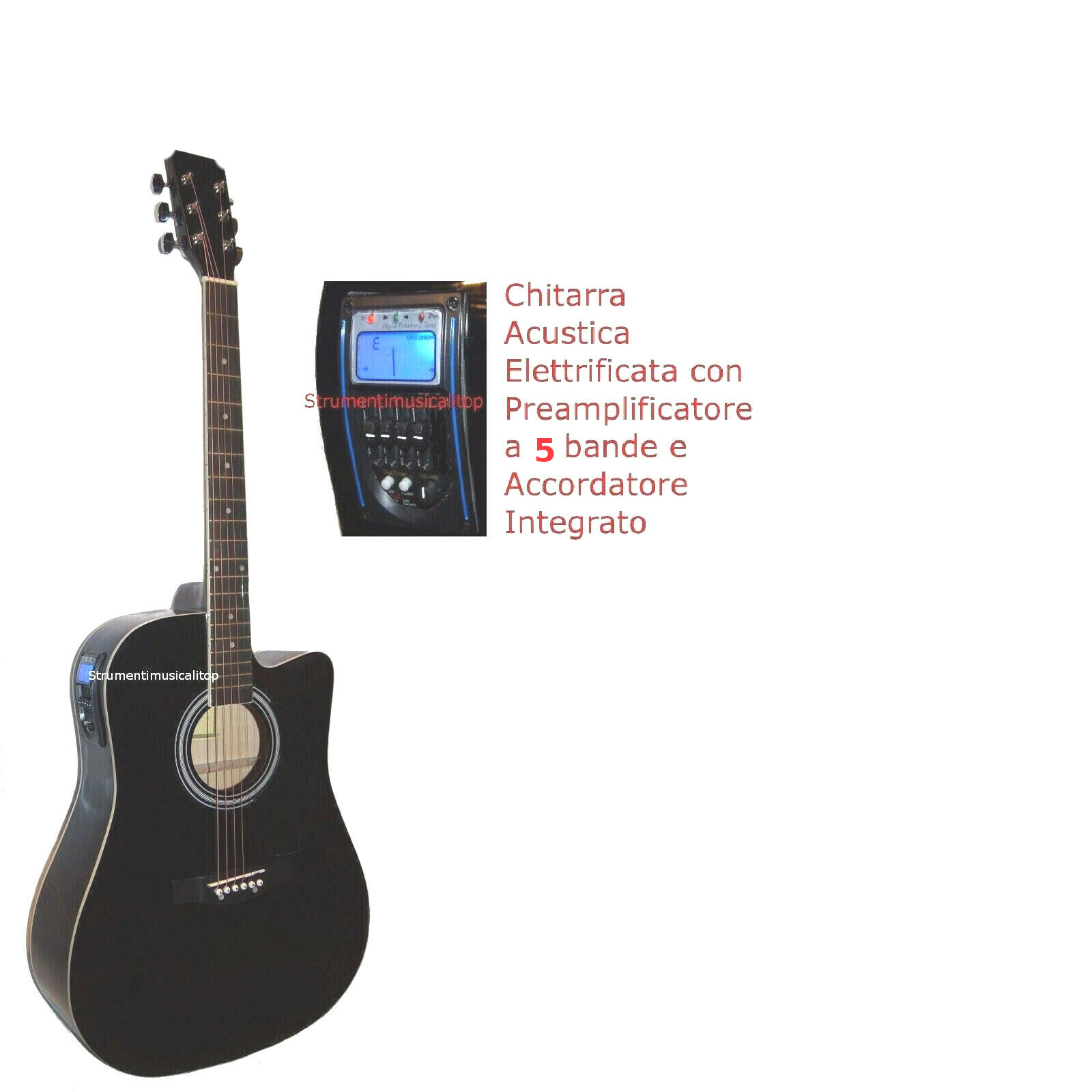 Chitarra Acustica Elettrificata 41″Nero 5B+Tuner - immagine 2