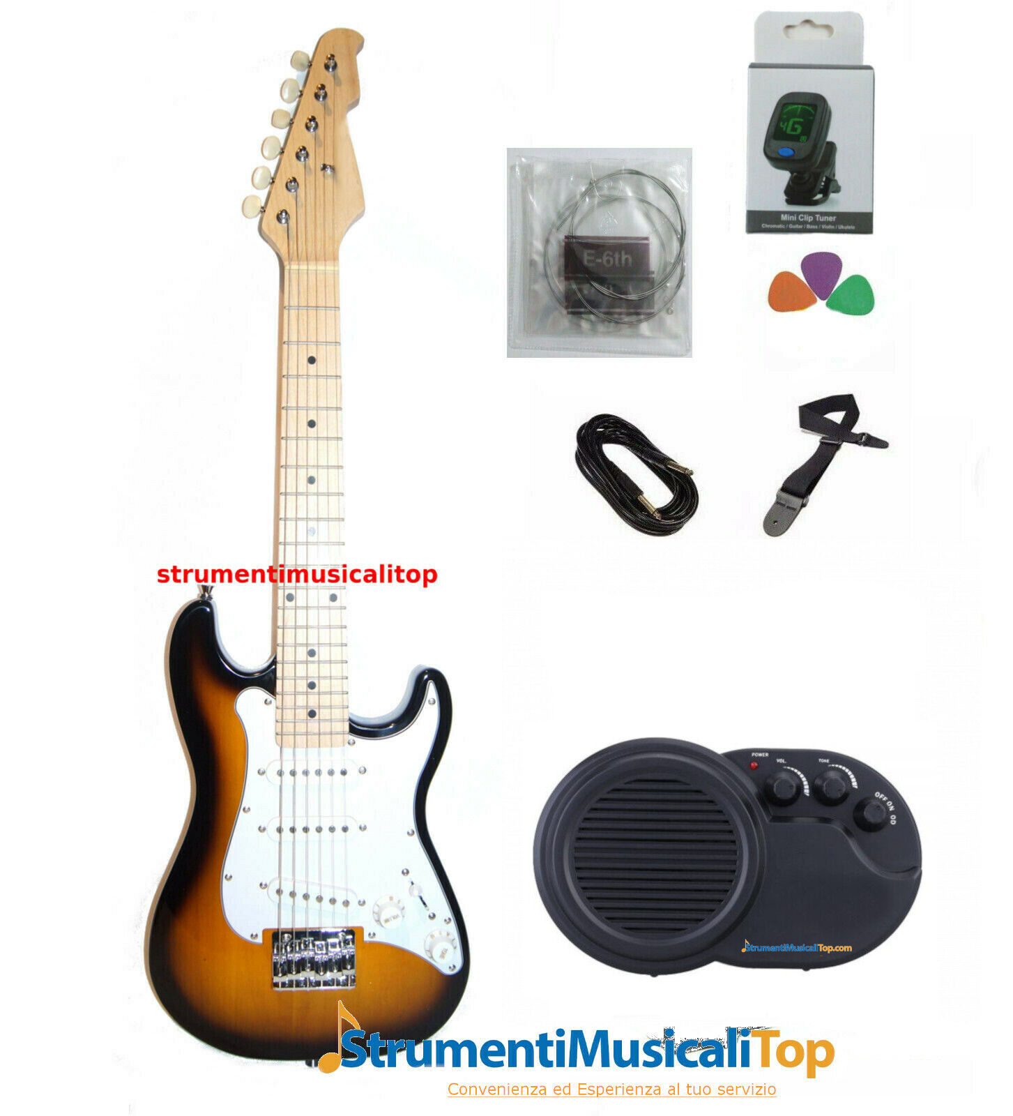 Chitarra elettrica Stratocaster Junior con Amplificatore Portatile e accessori