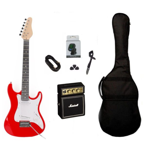 Kit completo, ideale per iniziare lo studio al meglio, composto da una chitarra da 36 pollici nel particolare colore Red e un amplificatore portatile Marshall MS-4 , più gli accessori indispensabili.
