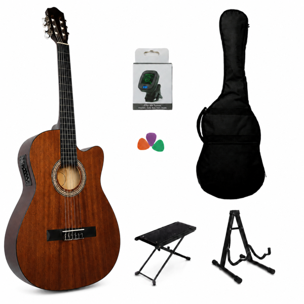 Chitarra classica elettrificata 4/4 mogano con custodia accordatore supporto e poggiapiede inclusi