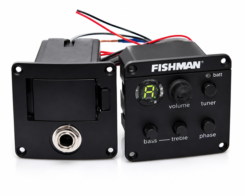 Fishman Presys II preamplificatore con accordatore integrato per chitarra acustica, equalizzatore a 3 bande, controllo phase e vano batteria.