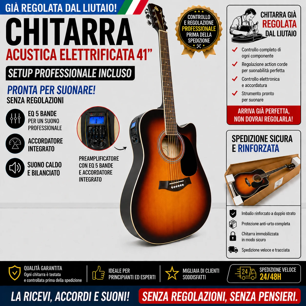 Chitarra Acustica Elettrificata SMT 41″Sunburst 4B+Tuner con Accessori - immagine 4