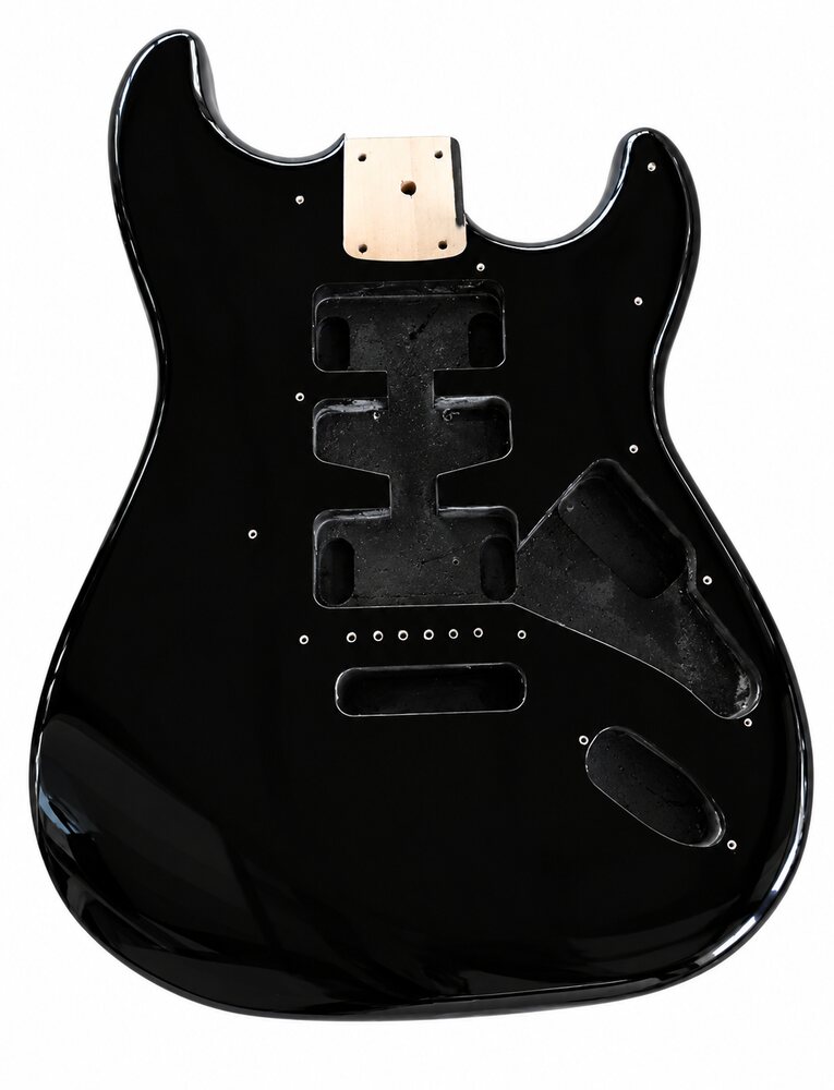 Corpo chitarra tipo Stratocaster nero SMT in ontano, fronte – immagine illustrativa