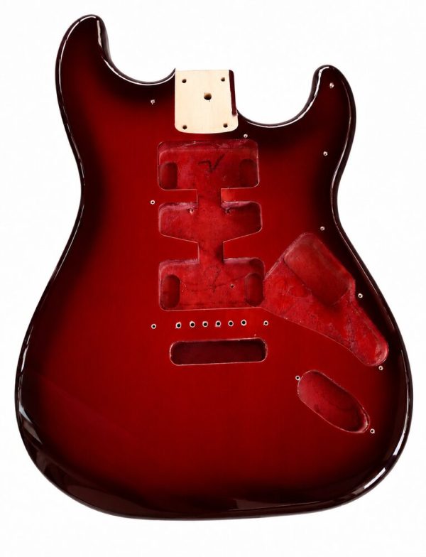 Corpo chitarra tipo Stratocaster rosso trasparente SMT, vista fronte – immagine illustrativa