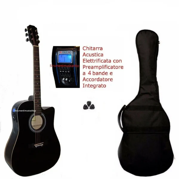 Chitarra Acustica Elettrificata Nera 41 Pre4b + Accordatore integrato