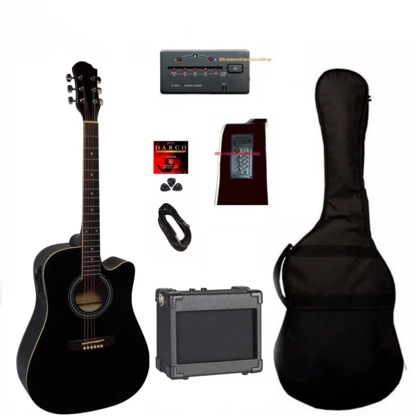 Chitarra Acustica SMT Nera Elettrificata Cutaway 41"con Amplificatore e Accessori