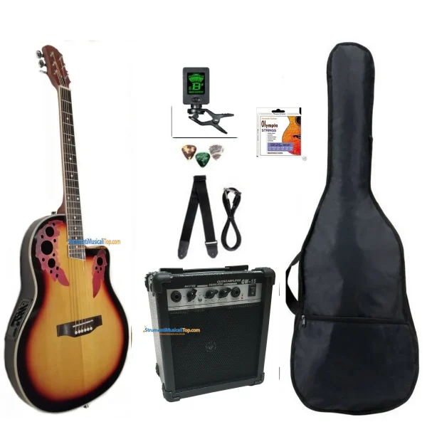 Chitarra Acustica Roundback Sunburst con Amplificatore e Accessori