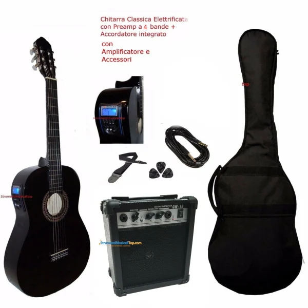 Chitarra Classica Nera 4/4 Elettrificata 4b+Tuner con Amplificatore