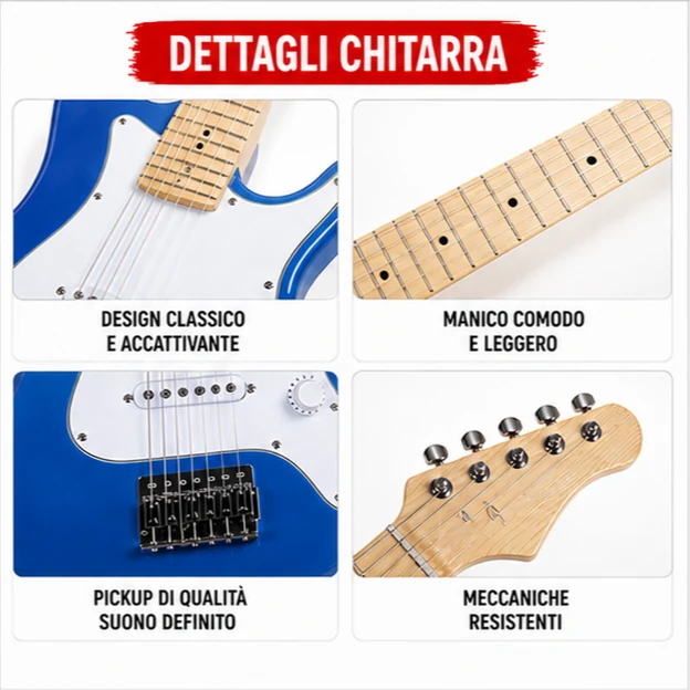 Chitarra Elettrica Junior Rock con Amplificatore e Accessori (Blu)