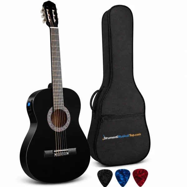Chitarra Classica Nera 4/4 Elettrificata 4b+Tuner con Custodia