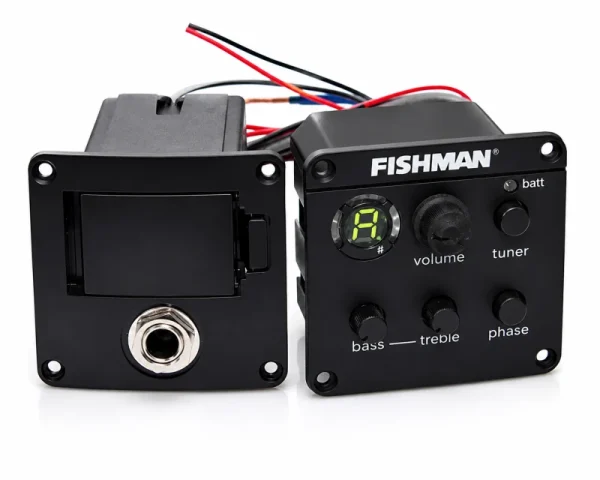 Fishman Presys II preamplificatore con accordatore integrato per chitarra acustica, equalizzatore a 3 bande, controllo phase e vano batteria.
